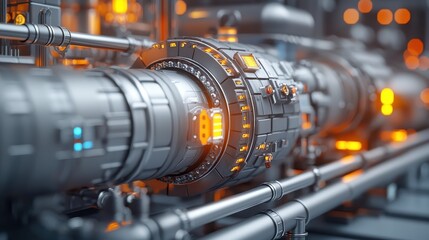 Obraz premium A close-up of futuristic, industrial machinery featuring intricate pipes and glowing elements, showcasing advanced technology and engineering design.