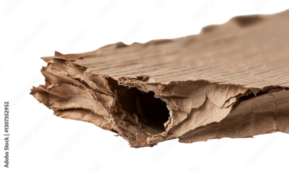 Poster Isolated on a white background with a clipping path is torn and damaged cardboard intended for recycling