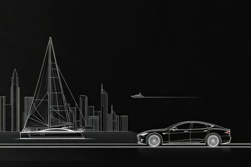 Obraz premium side view, minimalist style, white wireframe with black background of sailing a sleek modern motor yacht on the wavy ocean