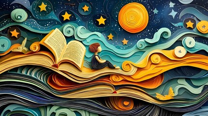 Detailed Layered Paper Cut of a Child Dreaming Under a Starry Night Sky Filled with Books and Learning Symbols Representing Imagination Creativity and the Joy of Education and Discovery
