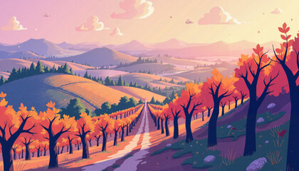 Fototapeta premium Surreal vineyard landscape at dawn with autumn colors, ethereal beauty