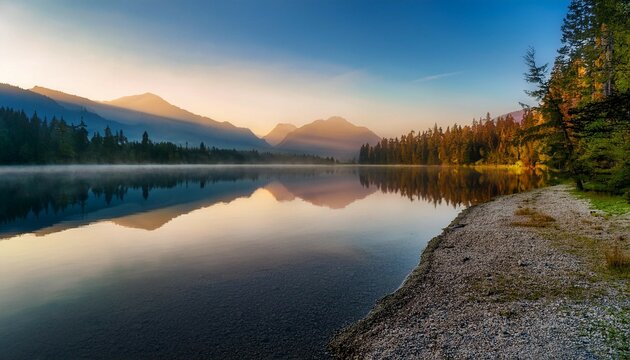 tranquil lakeside view at dawn with reflective water and misty mountains in the background