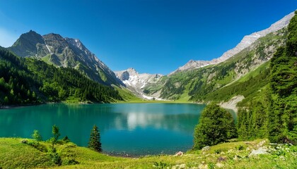 majestic alpine lake surrounded by towering mountains and lush greenery under a clear blue sky during a sunny day