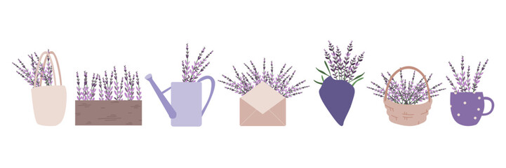 Vector hand drawn illustration clipart of lavender bouquets in bag, envelope, basket, cup, flower pot and funnel. Isolated set on transparent background. Perfect for wedding, nursery, postcards
