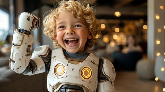 Joyful Child in Robot Costume, Indoor Setting, Happy Expression