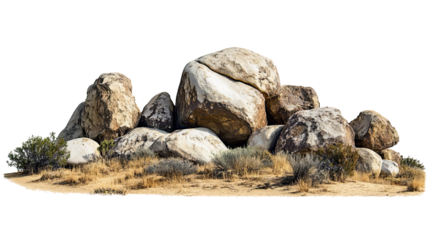 PNG. Pile of large desert rocks with dry grass and shrubs isolated on white background in a natural landscape