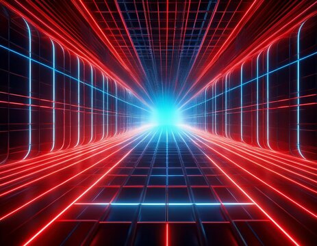 abstract futuristic grid tunnel with red and blue neon lights creating a virtual reality space or digital background for technology and gaming concepts - Powered by Adobe