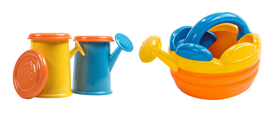 Isolated on a white background is a plastic watering pot that can be used as a toy for kids
