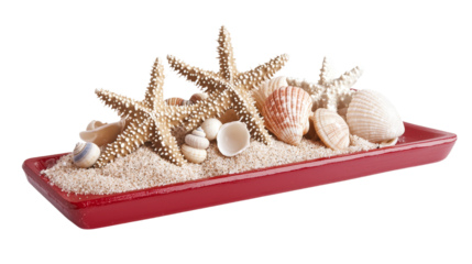 A sand pile accompanied by a plastic shovel, beach toy, and starfish, all isolated on a white background