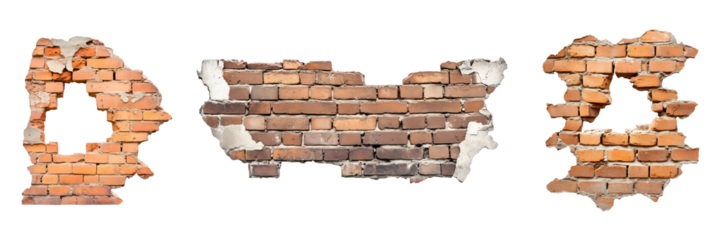Damaged and Intact Sections of Brick Wall on Transparent Background