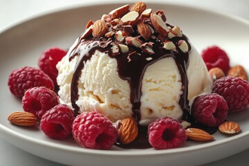 Ice cream dessert with chocolate syrup raspberries and almonds served on a white plate Sweet and delicious treat