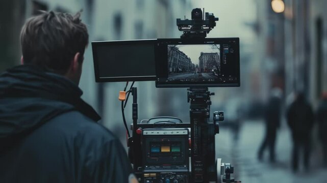 Professional videographer operating a camera on a gimbal stabilizer, capturing footage of a city street with people walking in the background