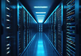 Obraz premium A futuristic data center with rows of illuminated server racks glowing with blue LED lights. Ideal for technology, cybersecurity, cloud computing, and network infrastructure visuals
