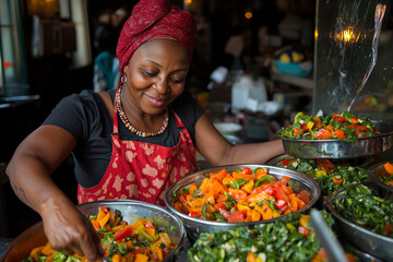 Smiling African woman chef prepares a delicious and healthy meal of fresh vegetables in a vibrant market setting. The colorful ingredients and appetizing dishes showcase the beauty of cultural cuisine