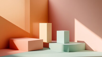 A pastel-hued geometric background with floating cubes and subtle shadows. picture