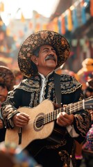 Mariachi musician wearing traditional charro suit and sombrero playing guitar during a cinco de mayo celebration in a decorated mexican street