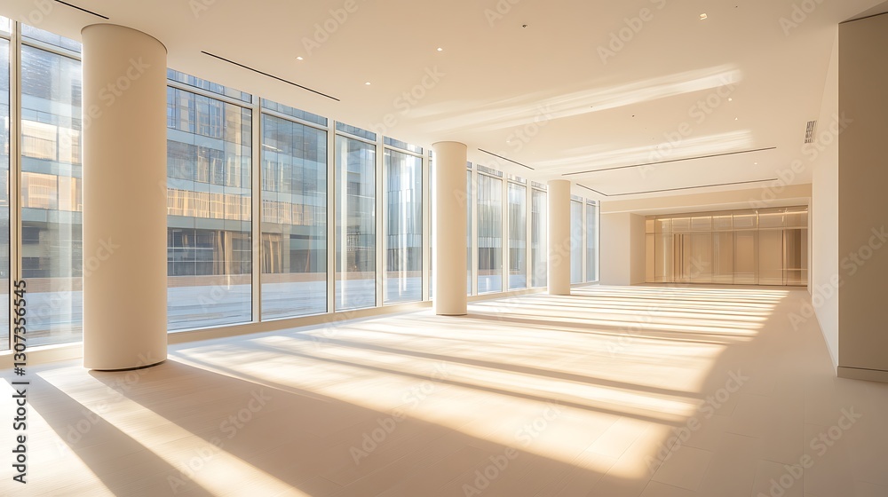 Poster a bright business center featuring large transparent windows, ideal for modern architectural and com