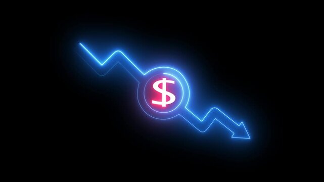 Neon Cash up arrow stocks graph with percentage. Dollar with arrows pointing up isolated on black background. Money, profit, investment, growth business, economy, finance concept.4K video.