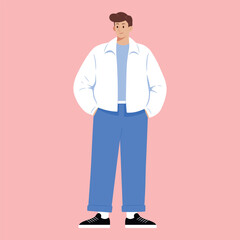 Young man in stylish outfit, dressed in a oversized jacket, t-shirt, and relaxed-fit jeans. Casual trendy look. Street fashion. Vector illustration isolated from background.