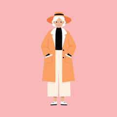 Obraz premium An elderly adult woman is in a stylish outfit, wearing a coat, sweater, pants, and a hat. Casual fashion look. Street fashion. Vector illustration isolated from background.