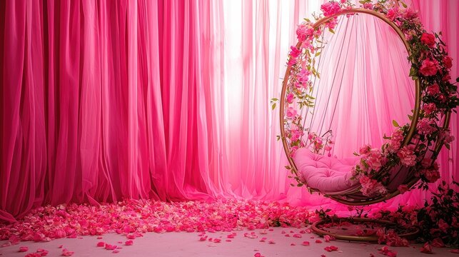 Vibrant photography backdrop featuring a luxurious PINK metal hanging ring chair, elegantly draped with flowing sheer PINK fabric. The chair is adorned 
