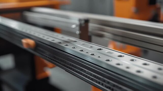 Automated production line equipment moves a small orange stopper along a metal rail, showcasing precision and efficiency in modern manufacturing