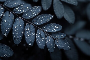 A sophisticated black botanical backdrop features delicate fern leaves adorned with shimmering chrome droplets. Soft lighting enhances the elegant depth and visual appeal