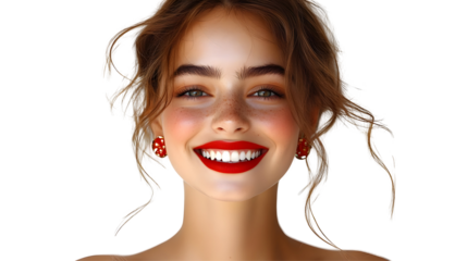 Woman Smiles, Showing Teeth, Isolated on White Background