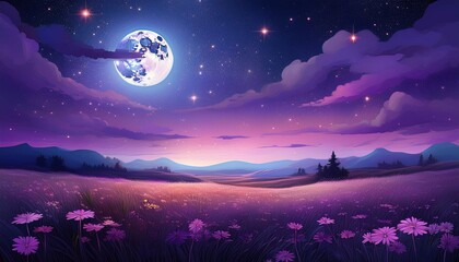 Fototapeta premium the moon casts a soft purple glow over a peaceful meadow stars serene sky