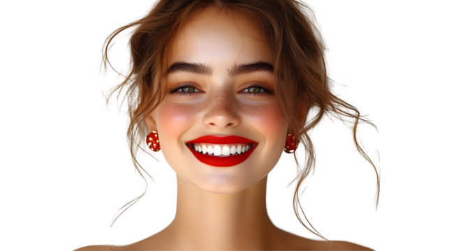 Woman Smiles, Showing Teeth, Isolated on White Background