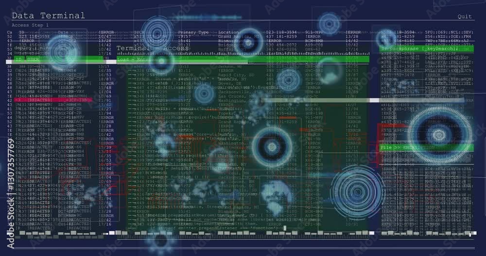 Poster animating digital data and network connections on terminal interface screen display
