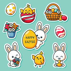 Set of Easter stickers. Rabbits, eggs, flowers