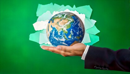 human hand in business suit holding a globe with ripped paper background on green, symbolizing environmental care and world responsibility.