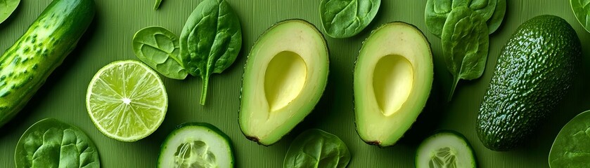 Refreshing and nutritious green smoothie made with fresh avocado cucumber and spinach served in a transparent mason jar with a slice of lime capturing the essence of a clean healthy