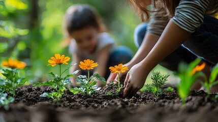 Fototapeta premium Children Planting Flowers in Garden, Engaging with Nature, Earthy Soil, Joyful Outdoor Activity
