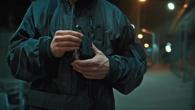 Professional security guard carefully connecting wireless microphone transmitter, ensuring coordination in dimly lit urban nighttime setting with focused vigilance