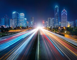 Obraz premium futuristic cityscape with neon lights and motion blur of car lights on highway at night concept of speed technology and urban life