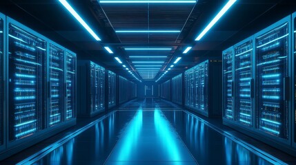 Fototapeta premium Futuristic Blue Lit Server Room Corridor with Metallic Racks