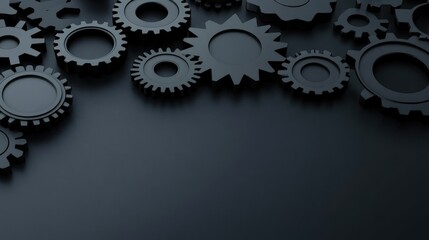 A collection of black gears arranged on a dark surface, perfect for representing technology, engineering, or mechanics, Ideal for backgrounds or visuals in presentations about innovation or industry,