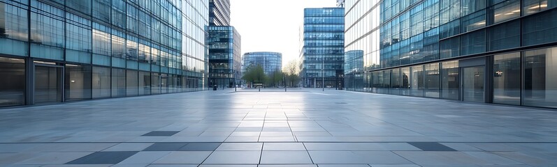 A city square scene featuring modern glass buildings, perfect for urban and architectural themes.