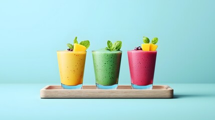 Fototapeta premium Three Vibrant Vegan Smoothies in Glasses Featuring Mango Beetroot and Matcha Flavors Arranged on a Wooden Serving Tray Healthy Refreshing Plant Based Drinks for a Nutritious Lifestyle