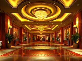 Obraz premium A luxurious hotel hallway with elegant chandeliers and ornate decor
