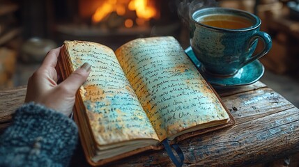 Warm and Cozy Scene with Open Journal, Hand Written Pages, Hot Drink, and Fireplace Glow
