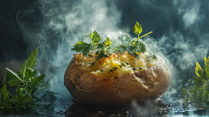 Steaming hot baked potato with parsley garnish delicious food photography eat meal side dish herb