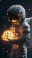 An astronaut amazed by a luminous sphere in his hand