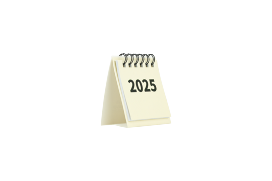 Light yellow paper mini desk calendar 2025 isolated on white background with clipping path.