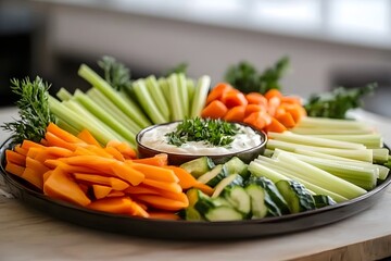 Vibrant Vegetable Crudit Platter with Creamy Yogurt Dip   Healthy and Nourishing Appetizer Spread Featuring a Colorful Arrangement of Fresh Raw Carrots Celery