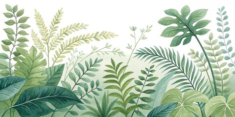 Fototapeta premium Watercolor Tropical Foliage Border Lush Greenery Composition, Green Leaf Illustration, Botanical Concept Tropical plants, watercolor illustration