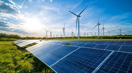 Wind turbines and solar panels situated in a green renewable energy facility with a hydrogen plant showcasing sustainable power in a natural countryside landscape