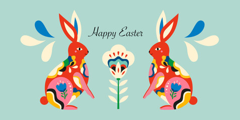  Illustration with easter rabbit and flower. Happy Easter card design